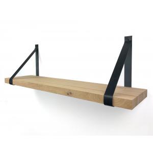 Eiken wandplank massief recht 60 x 25 cm inclusief leren riemen zwart