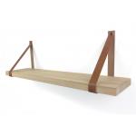 Eiken wandplank massief recht 80 x 30 cm inclusief leren riemen bruin